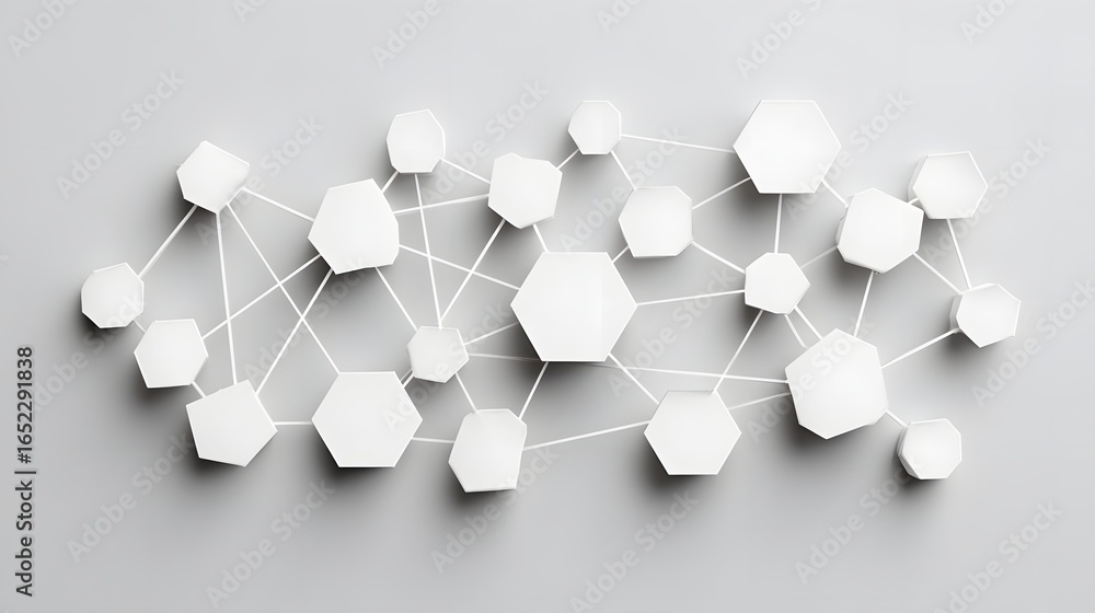 Poster abstract design of interconnected hexagons on a light gray background.