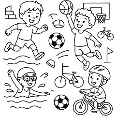 Children play various sports, including football, basketball and cycling in the style of children's coloring