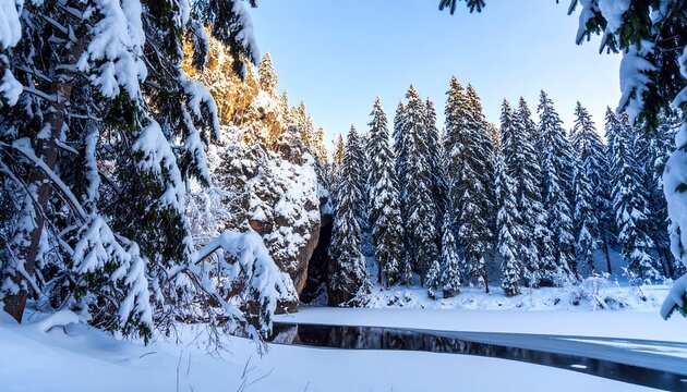 Snowy winter forest scene with frozen river - Powered by Adobe