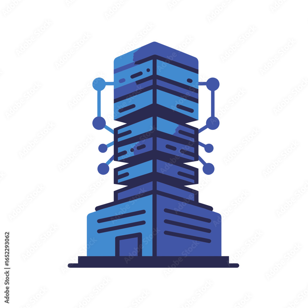 Poster stylized server tower vector illustration in gradient blue tones with connected nodes, concept for d