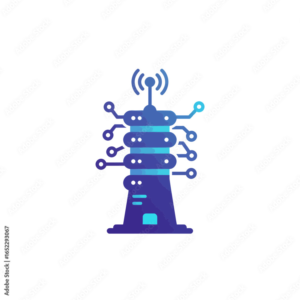 Poster stylized vector illustration of a data server tower with connections and antenna, concept for networ