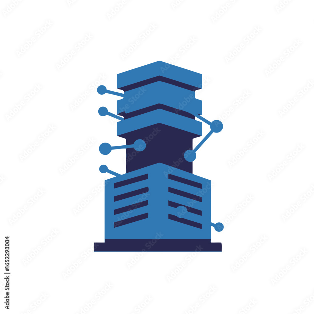 Poster stylized blue building connected by network nodes and lines on a white background, concept for digit