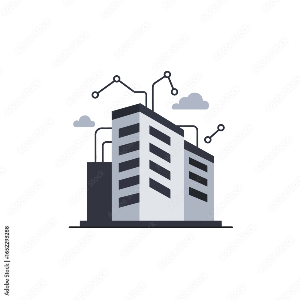 Poster modern building with digital connections emanating from rooftop, minimalist vector, concept for smar