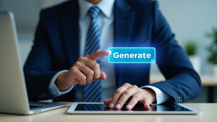 Fototapeta premium A person in a suit presses a glowing “Generate” button, with a laptop and tablet on the desk.