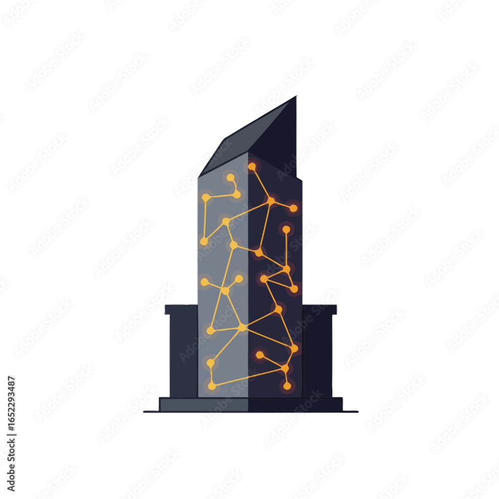 Poster modern geometric building with abstract network of glowing nodes and connections, concept for innova