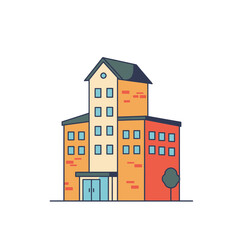 Fototapeta premium Colorful building illustration with a tree on white background, concept for real estate visualization, architectural design and urban planning