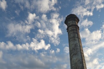A tall brick chimney rises prominently under a sky filled with fluffy clouds, capturing the essence of an industrial landscape at dusk Generative AI
