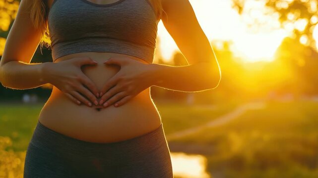 A pregnant woman meditating with her hands on her stomach during a sunset, embracing the serenity of nature and inner peace. - Powered by Adobe