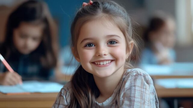 Happy little girl in school uniform with pencil and books in classroom setting.