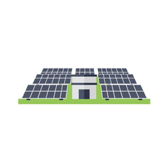 Solar panel array on green platform with small building in the center, concept for renewable energy solutions, environmental sustainability and clean power generation