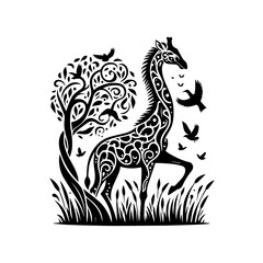 Detailed black and white giraffe with tree illustration isolated on white background