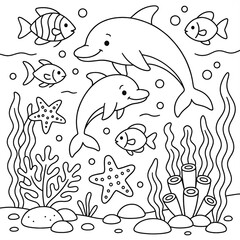 Dolphins swim with fish and starfish in an underwater scene in the style of children's coloring