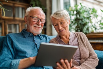 Two seniors sit closely on a couch, sharing a joyful moment as they explore content on a tablet, surrounded by plants Generative AI