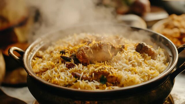 A hot and spicy biryani dish being prepared in a large metal pan over a fire. The food is garnished with various herbs and spices, ready to be served.