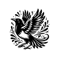 Obraz premium Elegant magpie illustration with spread wings isolated on white background