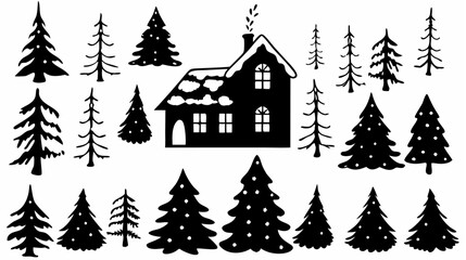 Silhouette of a house with snow on the roof surrounded by various pine trees in a winter landscape scene