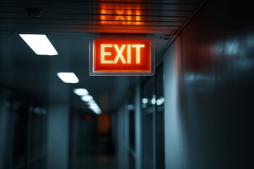 A glowing red exit sign hangs above a dark hallway in a contemporary building, providing guidance to visitors during evening hours Generative AI