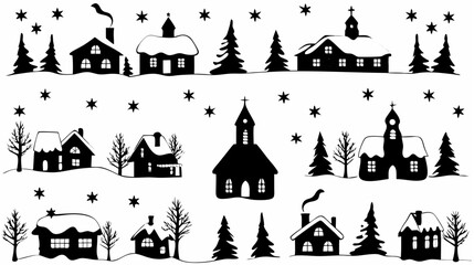 Silhouette winter village scene with houses, churches, trees, and falling stars in a monochrome illustration