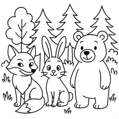 Cartoon animals fox, rabbit and bear in the forest in the style of children's coloring