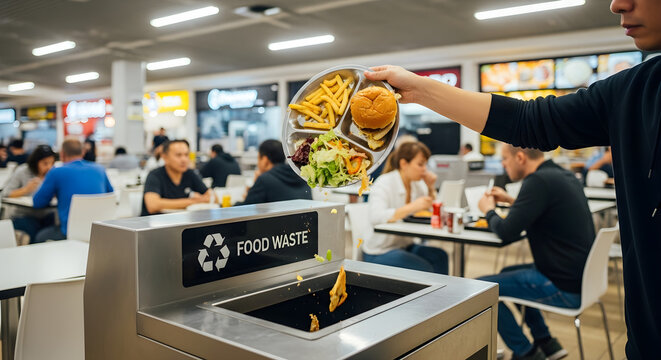 Reducing food waste in a busy cafeteria, promoting sustainability and environmental responsibility, showing a discarded tray with uneaten food being disposed of properly