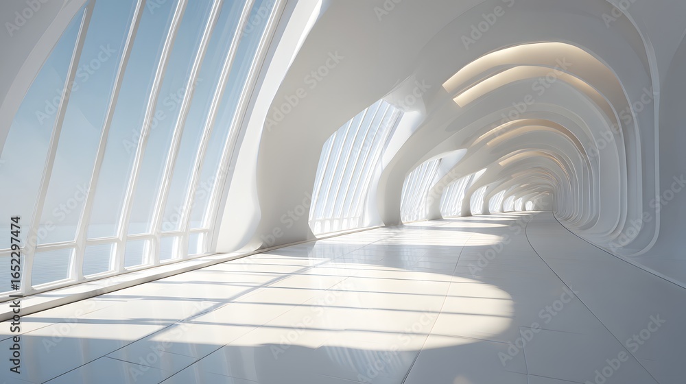 Poster white architectural hallway with large windows and arched structures.