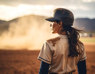 A young female baseball player looks out over a dusty field bathed in golden sunlight