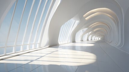 White architectural hallway with large windows and arched structures.