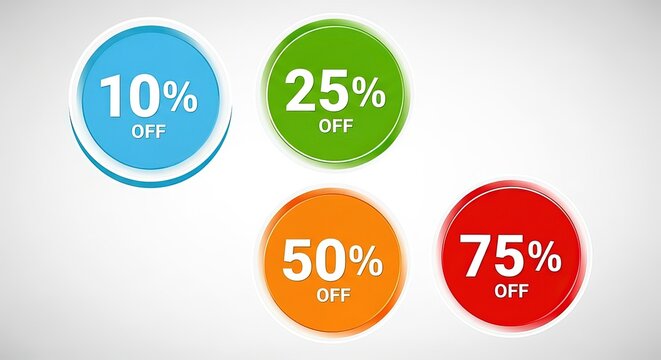 Eye-catching discount badges: 10%, 25%, 50%, 75% off for your next sale promotion