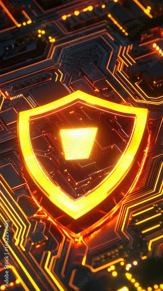 Poster electronic circuit board with digital security shield emblem symbolizing computer protection from ma