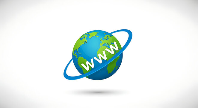 A stylized globe with continents and oceans and the letters www and a blue ring around the earth