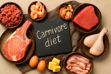 Carnivore Diet Food Layout – Meat, Eggs, Seafood & Animal Products for High-Protein Nutrition & Zero-Carb Lifestyle
