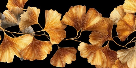 Premium Minimal Botanical Beauty Background with Botanical Touch Elegant golden ginkgo leaves gracefully arranged on a deep black background.
