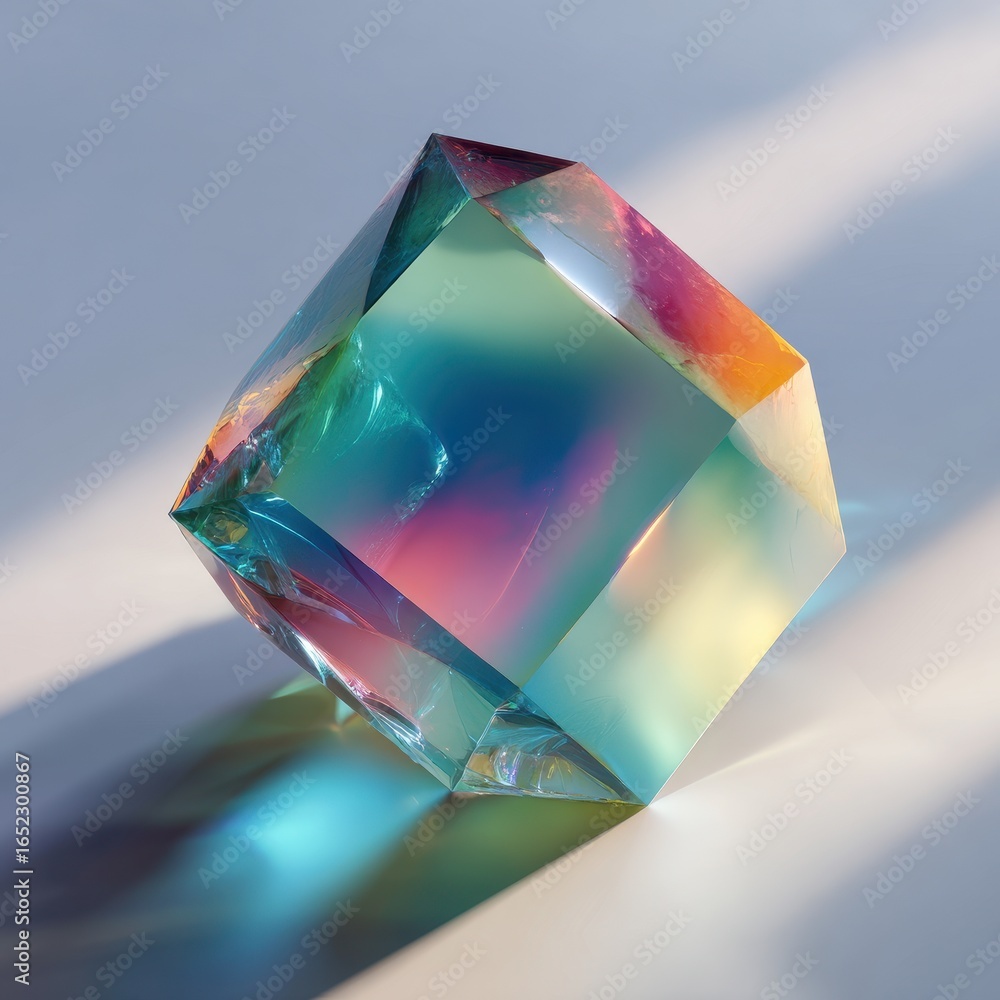 Poster abstract crystal cube reflecting light on surface; background shadow for conceptual use