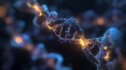 A close-up, artistic representation of a DNA strand with glowing effects and intricate detail. The image evokes a sense of scientific discovery, medical advancement, and the very essence of life
