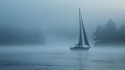Serene sailboat navigating through misty waters at dawn