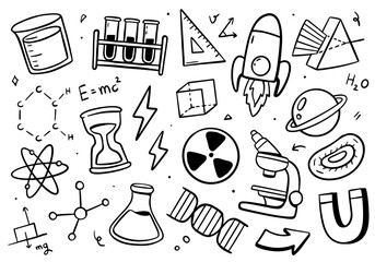 Science doodle set on white background. Vector illustration