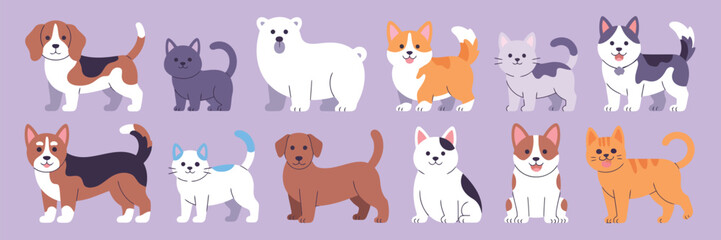 Cute Pets Collection Featuring Cartoon Cats and Dogs in Flat Vector Style, Perfect for Animal-Themed Designs, Kids Projects, Pet Products, and Decorative Illustrations