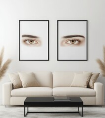 Diptych Of Brown Eyes In Black Frames Above Beige Sofa