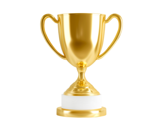Golden cup on pedestal isolated on transparent background. Concept of victory, overcoming obstacles and reward.