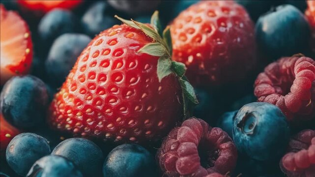 A vibrant and delicious assortment of fresh strawberries, raspberries, and blueberries.