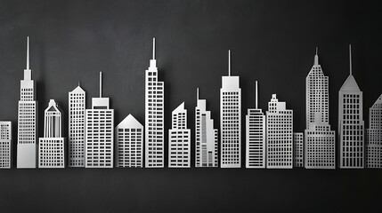 Obraz premium Minimalist white paper cutout cityscape illustration on a dark background, showcasing a modern urban skyline with diverse architectural structures, ideal for design, business, or technology concepts.