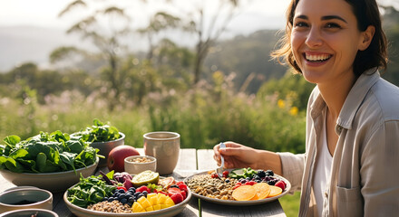 Radiant woman enjoying vibrant vegan breakfast bowl outdoors, savoring mindful eating in nature's embrace, promoting healthy lifestyle and holistic wellness near scenic mountains