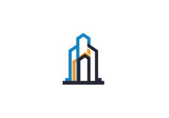 Modern Skyscraper Icon: Blue, Gold, and Black Building Silhouette isolated on transparent background