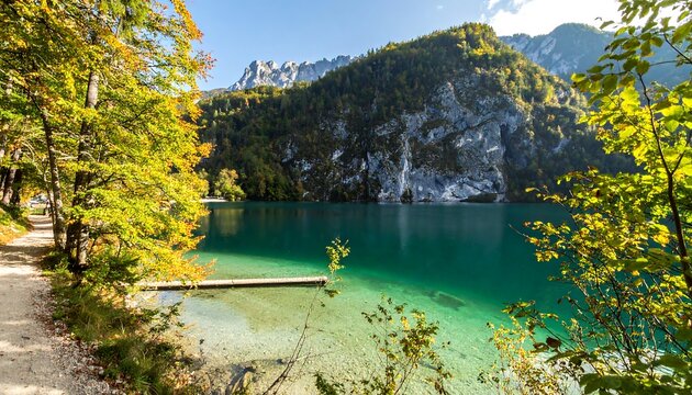 Tranquil Autumn Langbathseen Lake with Majestic Mountain Backdrop in Austria