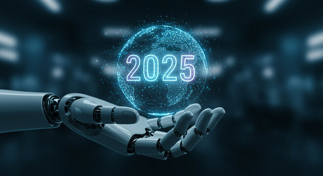 A robotic hand holding a futuristic digital globe with the year 2025, representing cutting-edge technology, artificial intelligence, and global innovation. Symbolizes the future of robotics.