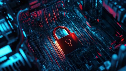 Secure computer hardware with digital lock icon in center of circuit board - Powered by Adobe