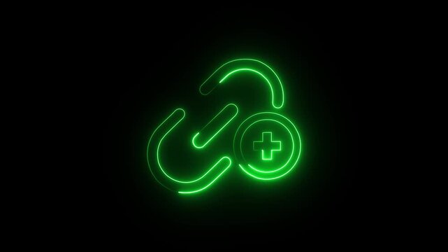 Add hyperlink icon neon glowing light effect animation on black background .4k HD motion animation concept .