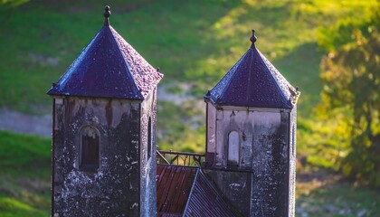 Two weathered church towers, high angle view