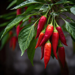 cluster of ripe red chili peppers hangs from a green leafy plant, showcasing their glossy texture and fiery intensity against a dark background