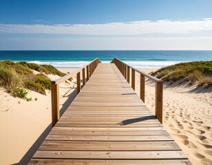 Obraz premium Wooden Pathway Leading To Beach With Calm Ocean